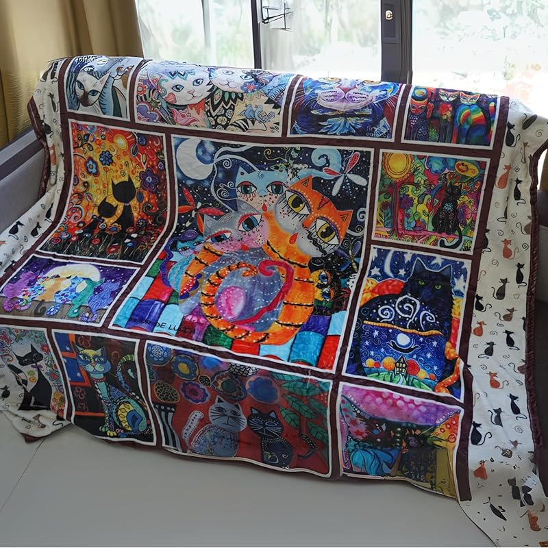 Throw Blanket - Colorful Cat Design Boho Blanket, Ultra Soft Rustic Quilt For Sofa, Couch, Bed, Bath Towels - Lightweight Bohemian Blankets - Cute Decorative Throw Coverlet (59x71 inch)