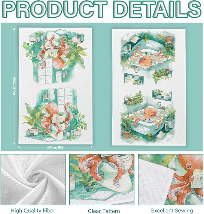 Octopus Decorative Hand Towels for Bathroom Set of 2, Octopus Bathroom Decor, Octopu Gifts for Women, Funny Octop Waffle Weave Dish Towels 18x26 Inch