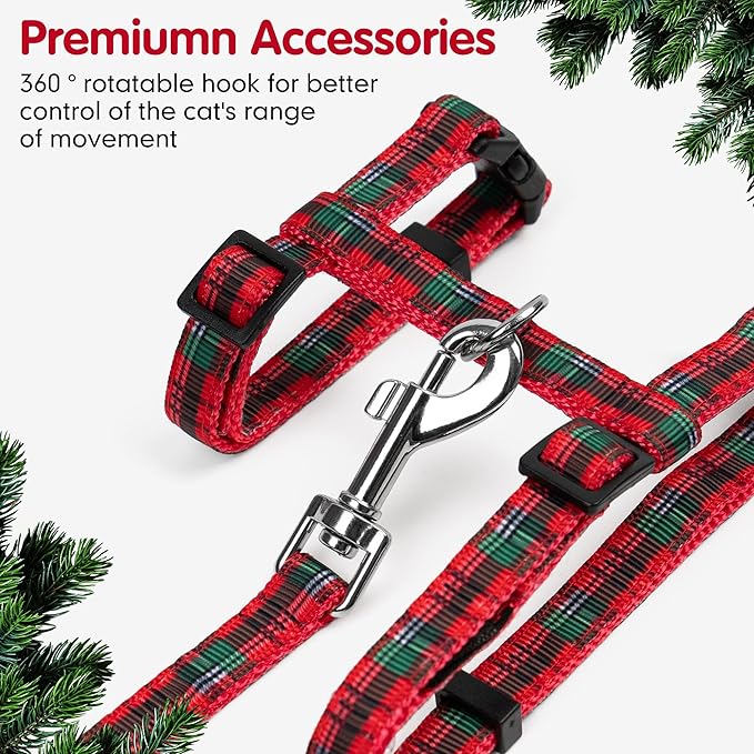 azuza Christmas Plaid Cat Harness and Leash for Walking Escape Proof, Classic Plaid Cat Harness, Soft Adjustable Harness for Cats Neck Girth: 7"-10", Chest Girth: 10"-17"