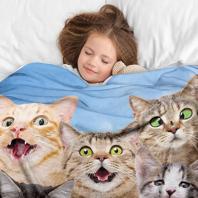 Cartoon Selfie Cat Flannel Fleece Bed Blanket, Kitten Fleece Throw Blanket for Cat Lovers, Cat Blankets for Women, Men and Kids Super Soft Plush Cat Blanket Throw for Sofa Couch Bedroom(60" X 80")