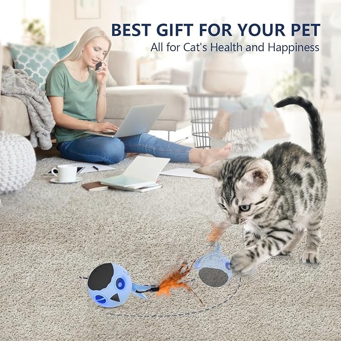 ORSDA Cat Toys, Interactive Cat Toys for Indoor Cats Automatic Moving Ball Bird for Bored Indoor Adult Cat Kitten Toys Ball, Motion Activated Fast Moving Chirping Stimulating Light, 2 Tails (Blue)