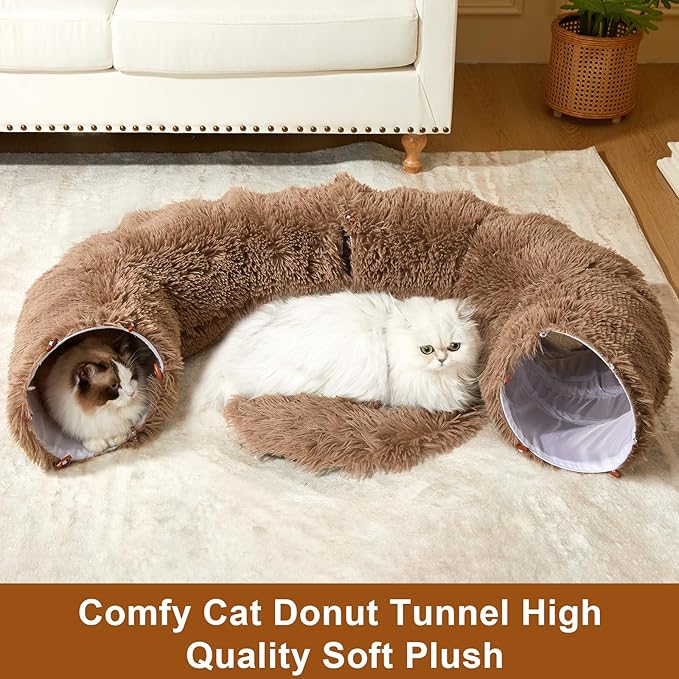 Cat Tunnel Bed for Indoor Cats Peekaboo Cat Cave Donut Tunnel for Cat with Washable Circle Cushion Interior Cat Play Tunnel (34 Inch, Brown)