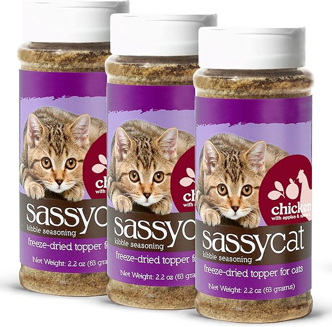 Herbsmith Sassy Cat Kibble Seasoning – Freeze Dried Chicken – Cat Food Topper for Picky Eaters – Chicken, Apples, and Spinach [Bundle x3]