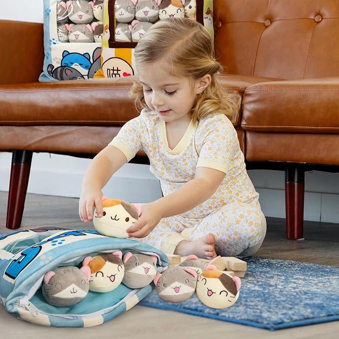 Cat Plush Pillow, Cute Plushies with Kitten Doll, Bag of Removable Kitten Stuffed Animals, Kawaii Plushies Cat Toy for Kids, Gift for Girls Boys Birthday (8 Blue Kitten)