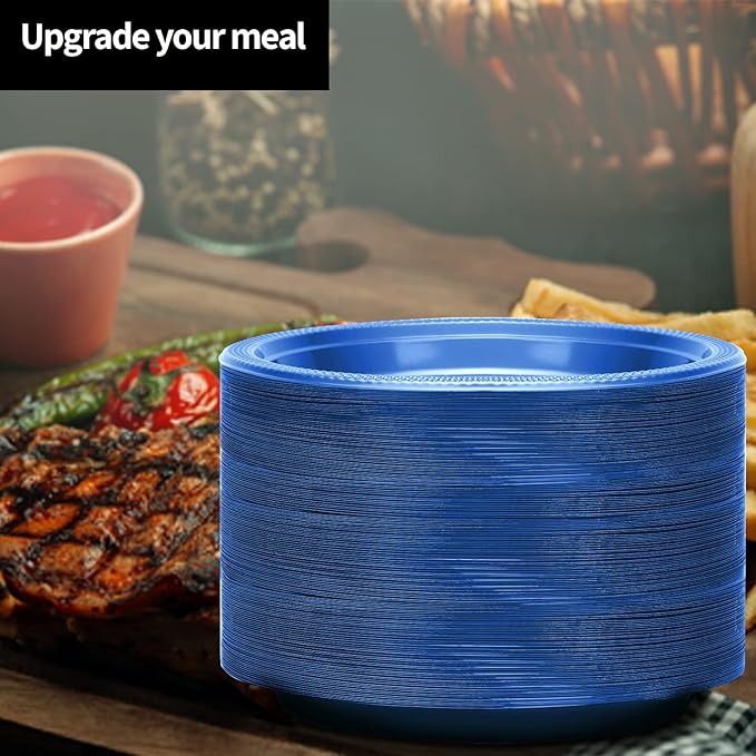 Blue Plastic Plates 9 Inch - 50 count - Plastic Solid Round Party Plates For Weddings, BBQs, Birthday Plates - Disposable Blue Plates - Plastic Dessert Plates