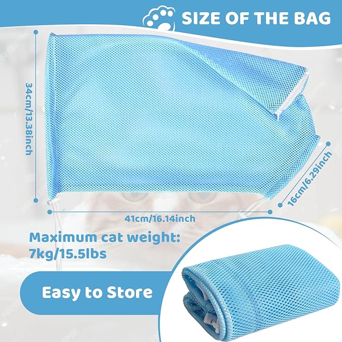 Cat Bathing Bag Anti Scratch and Bite, Cat Shower Bag Soft Mesh Net Bag for Small/Medium/Large Cats Restraint Grooming Nail Trimming Washing - Blue
