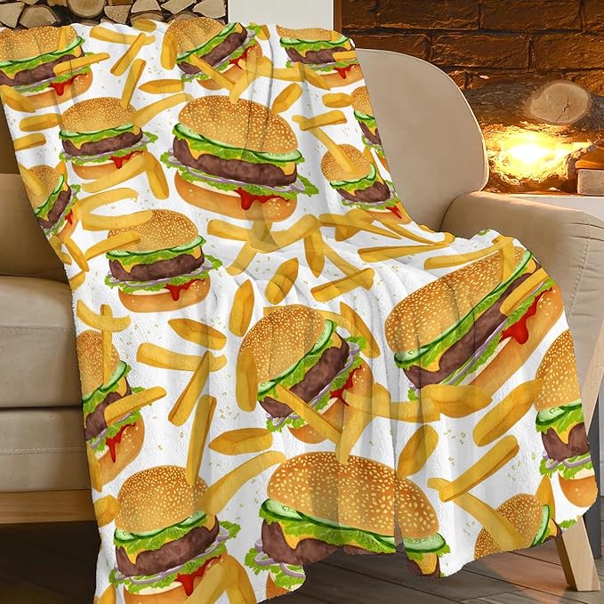 Hamburger French Fries Throw Blanket Burgers Food Funny Cute Meat Print Blankets Gifts Couch Sofa Bed Stuff Decor Soft Cozy Lightweight Fleece Plush Flannel Bedding for Lover Men Women Adults 40"x50"