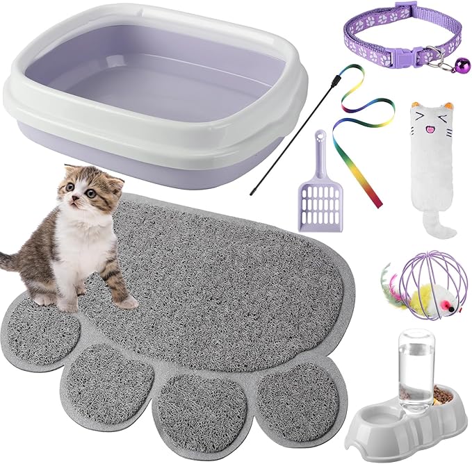 7 Pcs Small Cat Kitten Starter Kit Cat Litter Box with Shovel Cat Paw Litter Mat Double Automatic Cat Bowls Cat Toy Teaser Stick Cat Collar Essentials Kits for 1-3 Lbs Beginner (Purple,Stylish)