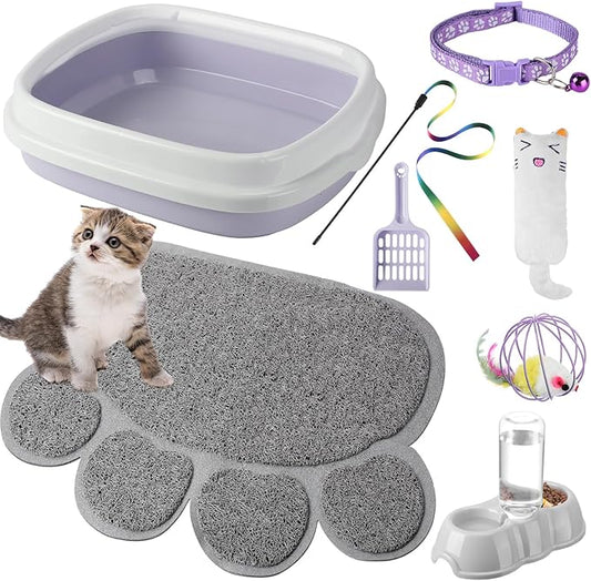 7 Pcs Small Cat Kitten Starter Kit Cat Litter Box with Shovel Cat Paw Litter Mat Double Automatic Cat Bowls Cat Toy Teaser Stick Cat Collar Essentials Kits for 1-3 Lbs Beginner (Purple,Stylish)