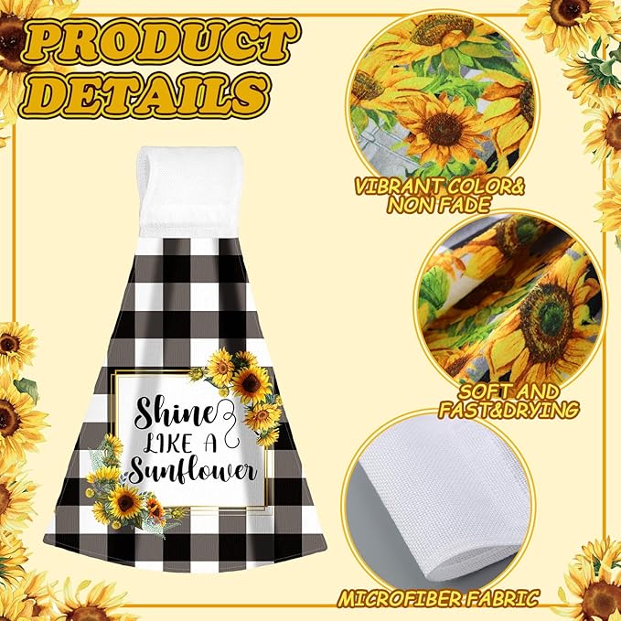 Sratte 4 Pcs Sunflower Hanging Kitchen Towels Hand Towels with Hanging Loop Summer Buffalo Plaid Gnomes Sunshine Dish Towels Bath Absorbent Oven Stove Wash Cloth for Home Decorative Housewarming Gift