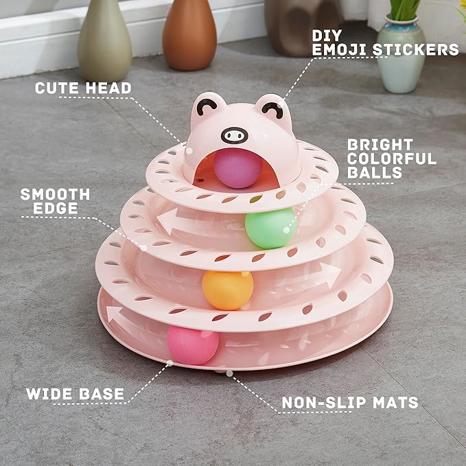 Gefryco Cat Toys Roller Track for Indoor Cats, Turntable 4-Tier Cat Tower Toy with Colorful Chase Balls, Multi-Level Fun Interactive Cat Toys, Puzzle Kitten Exercise Toys Self Play(Pink)
