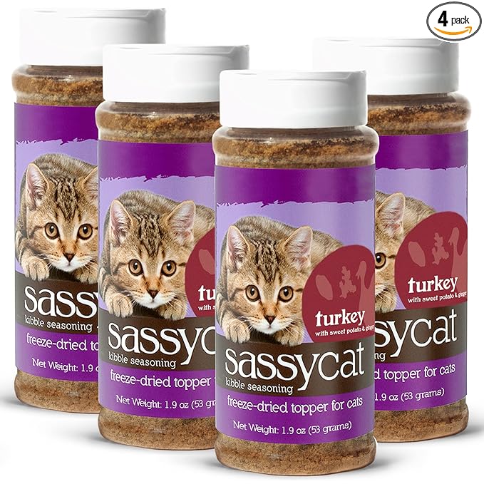 Herbsmith Sassy Cat Kibble Seasoning – Freeze Dried Turkey – Cat Food Topper for Picky Eaters – Turkey, Sweet Potato, Ginger [Bundle x4]