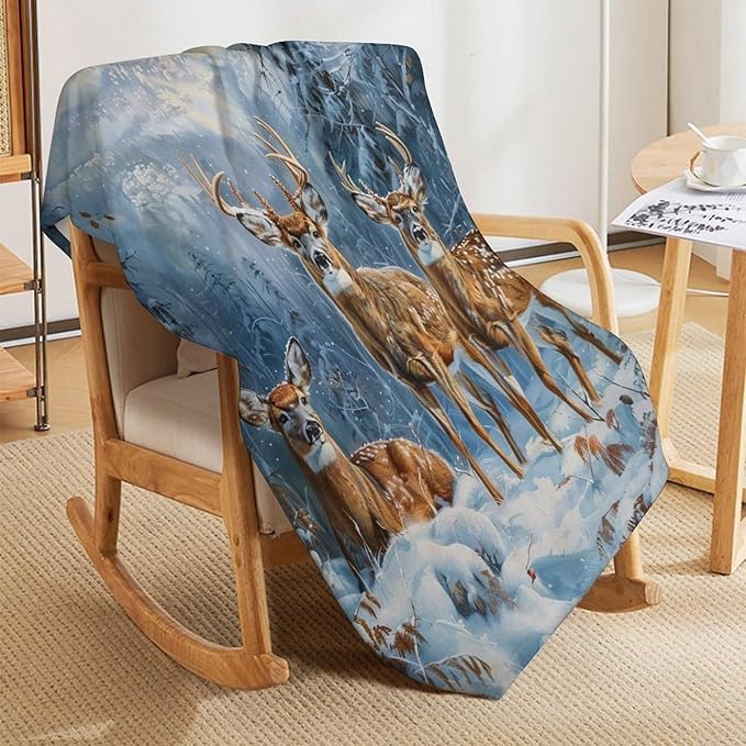 Deer Snow Winter Forest Print Blanket Wild Animal Country Nature Night Western Throw Blankets Gifts for Couch Sofa Bed Stuff Decor Soft Fleece Plush Warm Flannel Bedding for Lover Men Women 40"x50"