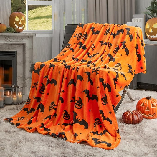 Ghost Halloween Blanket 50” x 70” Reversible Pumpkin Print Fleece Throw Blanket, 320 GSM Surper Soft Warm Cozy Fall Blanket for Couch Sofa Bed, Halloween Harvest Gifts and Home Decor