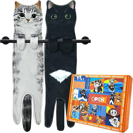 PAT JUUMG Funny Cat Hand Towels for Bathroom Kitchen Decor, Cute Decorative Hanging Face Towels, Super Absorbent Soft, Housewarming Gift, Cat Lovers Gifts for Women (2 Pack)