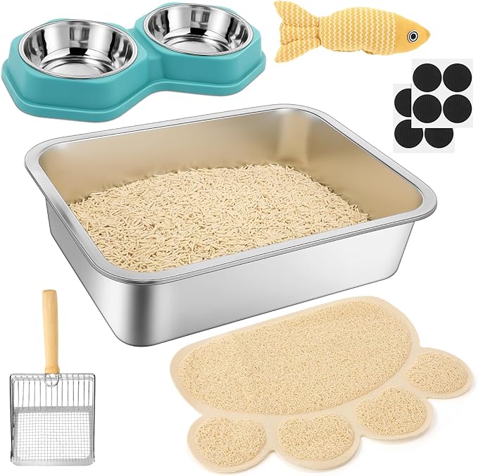 5 Pcs Cat Supplies Includes Stainless Steel Litter Box Small with Cat Litter Scoop, Cat Bowls for Food and Water, Catnip Fish, Cat Mat, Metal Litter Pan for Kittens Cat Lovers