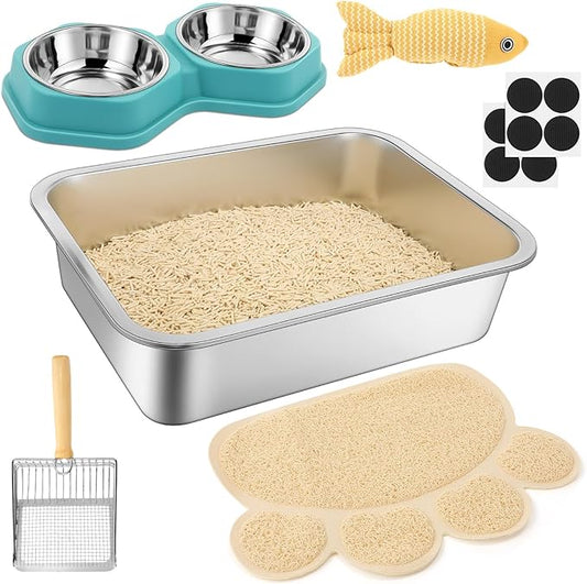 5 Pcs Cat Supplies Includes Stainless Steel Litter Box Small with Cat Litter Scoop, Cat Bowls for Food and Water, Catnip Fish, Cat Mat, Metal Litter Pan for Kittens Cat Lovers