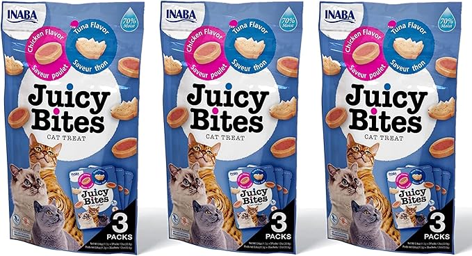 INABA Juicy Bites Grain-Free, Soft, Moist, Chewy Cat Treats with Vitamin E and Green Tea Extract, 0.4 Ounces per Pouch, 9 Pouches (3 per Pouch), Tuna and Chicken Flavor
