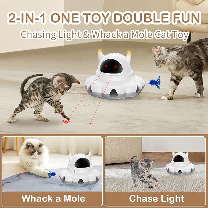 2-in-1 Interactive Cat Toys for Indoor Cats, Automatic Cat Toy with 7 Holes Mice Whack A Mole Moving Feather, Smart Cat Toy (White)