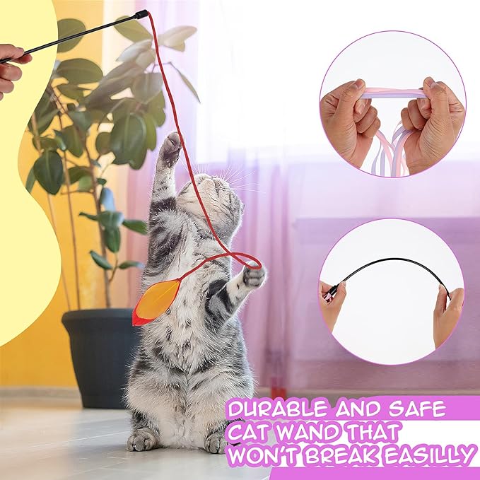 simarro 3 Pcs Cat Feather Wand Toys, Interactive Cat Teaser Wand Toy for Indoor Cats Adult, Colorful Feather Kitten Cat Stick Toys for Indoor Cats Play Chase Exercise