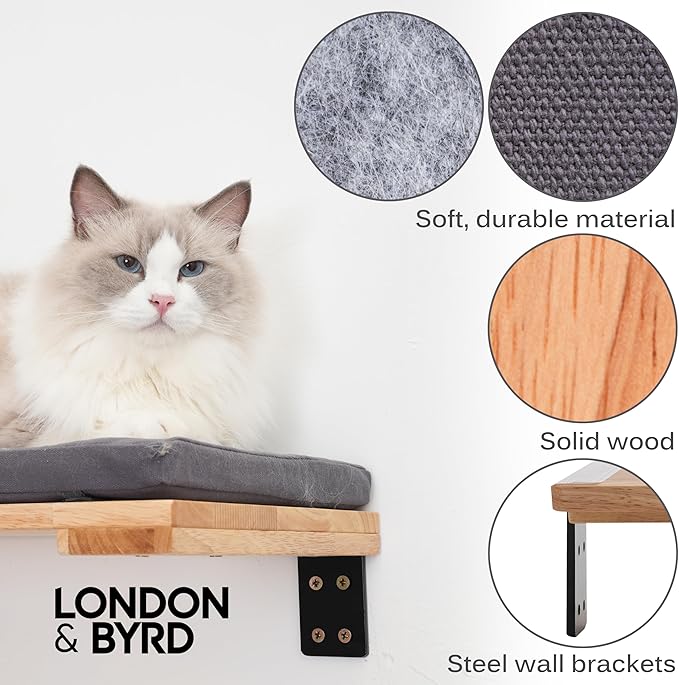 LONDON & BYRD | Wooden Cat Wall Shelves | for 16" Drywall Studs | One Large cat Shelf with Washable Bed, and Two Smaller cat perches. Solid Wood with Metal Wall Brackets.