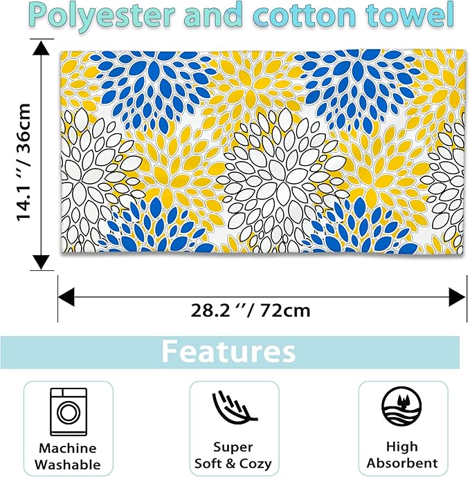 Dahlia Floral Hand Towel Set of 2,Blue and Yellow Abstract Art Face Washcloths Fingertip Kitchen Towels 28 x 14 Inch Soft Bath Dish Cloth for Bathroom Gym Hotel Salon Spa Sport