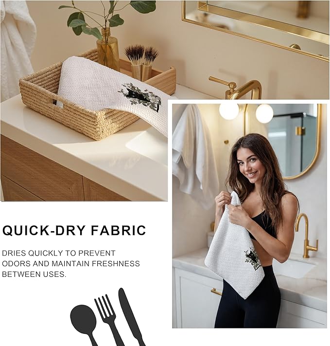 Black Cat Kitchen Towels, Floral Cat Hand Towels for Bathroom, Cat Dish Towels for Kitchen, Cat Towels for Cat Lovers, Black Cat Gifts, Cat Mom Gifts, Black Cat Decor, 16x24 Inch