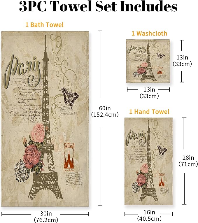 Vintage Paris Butterfly Eiffel Tower 3-Piece Bath Towel Set, Soft Absorbent Cotton, Fast Dry Home Family