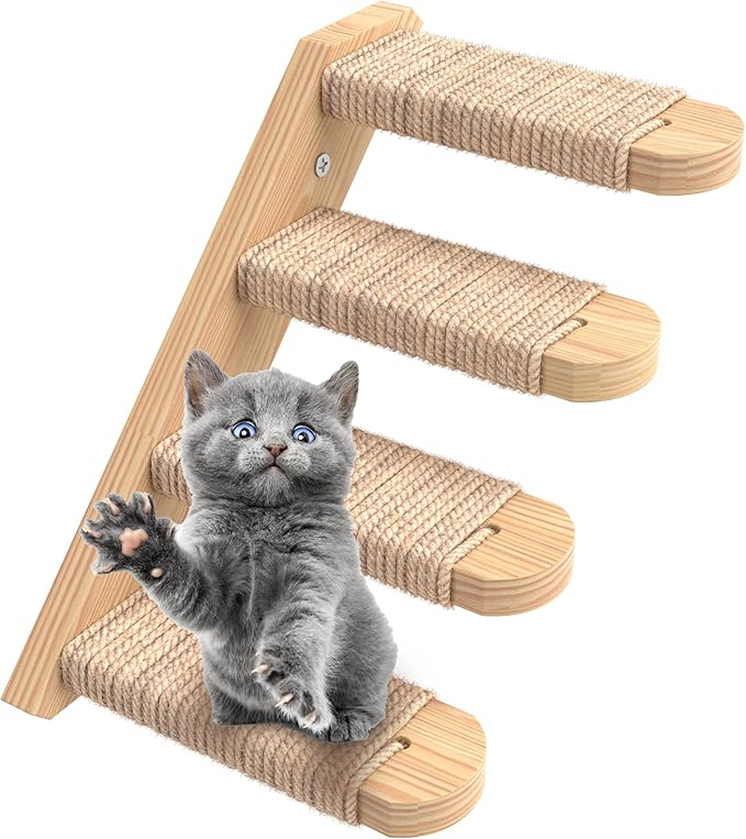 Skywin Cat Steps - Solid Rubber Wood Cat Wall Stairs Great for Scratching and Climbing - Easy to Install Wall Mounted Cat Wall Shelves for Playful Cats (Wood, Left-Right)