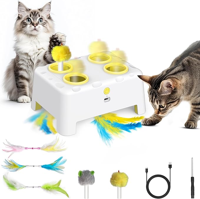 Cat Toys, 2 in1 Automatic Interactive Cat Toys for Indoor Cats, 4 Holes Mice Whack a Mole Cat Mouse Toy with Moving Feather, Rechargeable USB Power Kitten Feather Toys for All Breeds (Yellow)