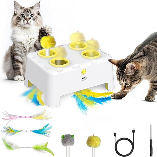 Cat Toys, 2 in1 Automatic Interactive Cat Toys for Indoor Cats, 4 Holes Mice Whack a Mole Cat Mouse Toy with Moving Feather, Rechargeable USB Power Kitten Feather Toys for All Breeds (Yellow)