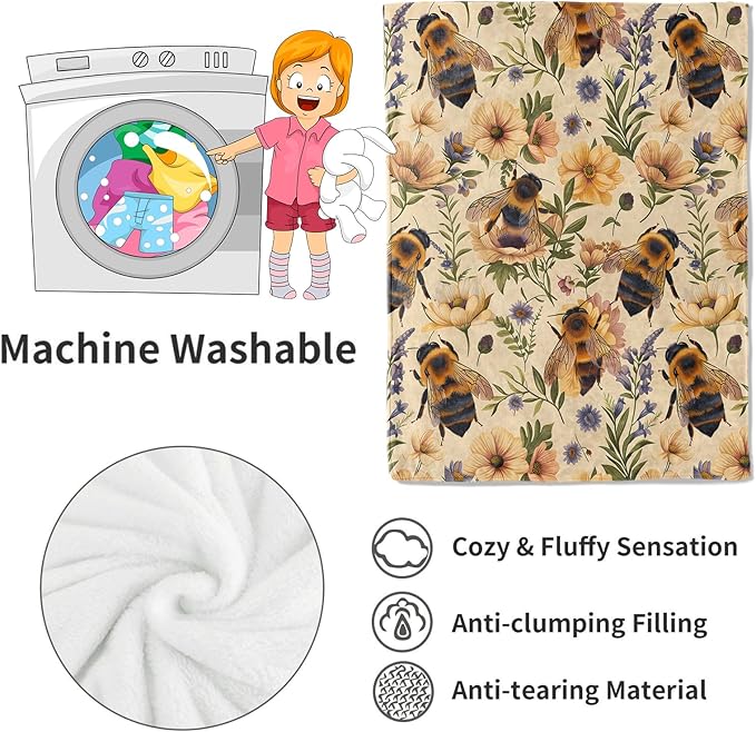 Bumblebee and Floral Blanket Bee and Wildflower Yellow Throw Blankets Gifts for Girls Boys Adults Lightweight Soft Fleece Cozy for Sofa Couch Bed Room Travel Birthday Decor 50x60in
