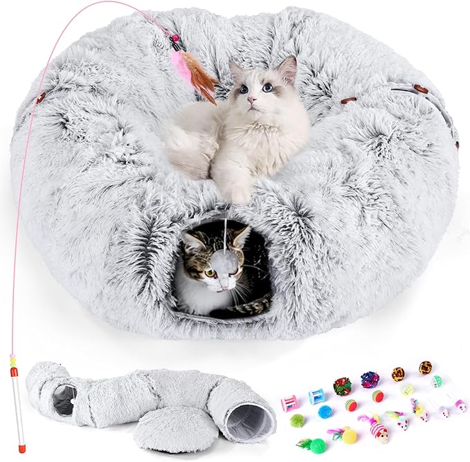Odoland Cat Tunnels Bed with 20 Cat Toys for Indoor Cats, Plush Cat Couch Tunnel Bed for Kitten, Cat Cave Donut Tunnel - Detachable Soft Cat Bed and Variety Kitty Toy Set, White