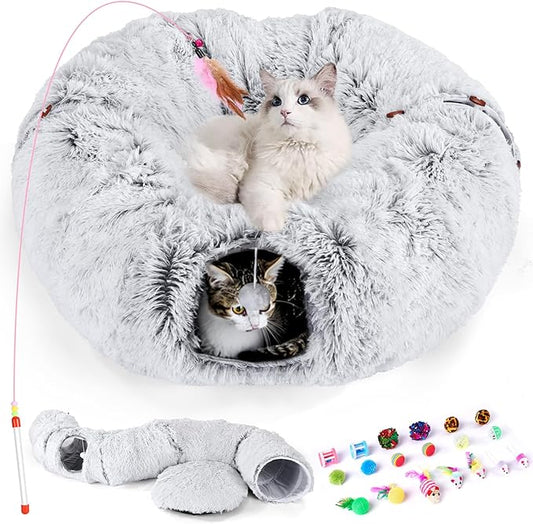 Odoland Cat Tunnels Bed with 20 Cat Toys for Indoor Cats, Plush Cat Couch Tunnel Bed for Kitten, Cat Cave Donut Tunnel - Detachable Soft Cat Bed and Variety Kitty Toy Set, White