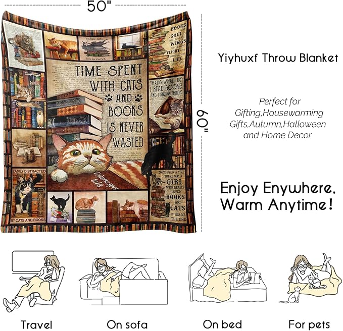 Book Cat Lovers Gifts Blanket,Teacher Gifts for Women Men Book Lover Teacher Librarian Birthday Read Fleece Throw Blanket,Flannel Throw Blanket for Home Living Room Couch Bed Chair Dorm Decor 60"x50"