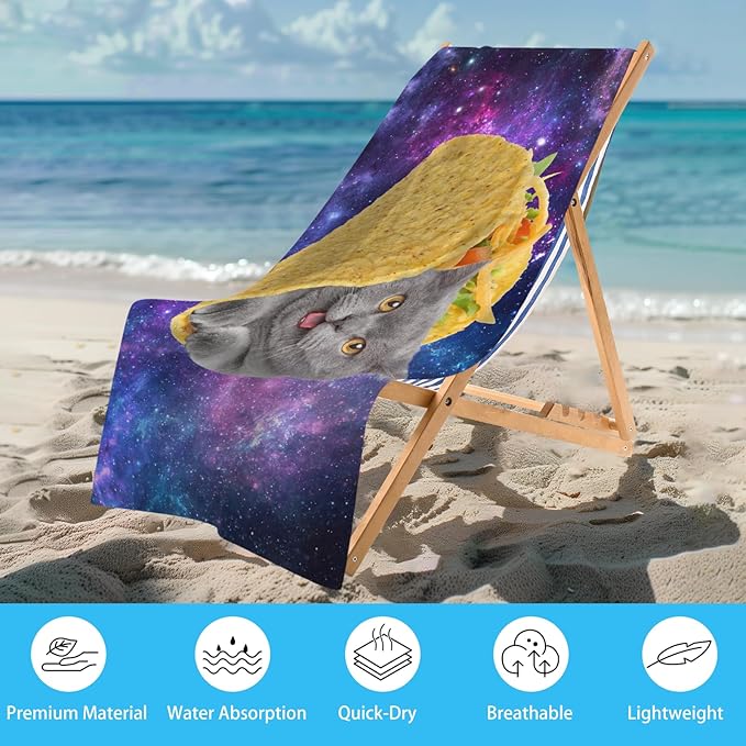 WZOMT Microfiber Cat Beach Towel, Cute Space Taco Cat Kitty Purple Galaxy Bath Towels, Cats Towels for Cats Lovers, Funny Quick Dry Sandproof Pool/Swim/Surfing Towel, Oversized 32x52 Inch