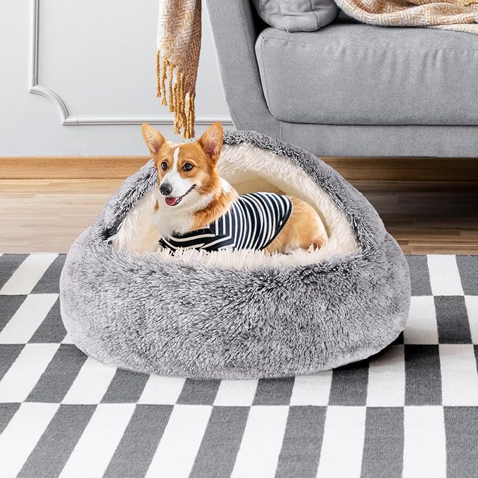 Round Hooded Cat Bed & Dog Bed with Cover Cave, Dog Bed for Small Dogs, Faux Fur Cuddler Round Coved Cat Bed Self Warming Donut Dog Bed Fits up to 22 lbs Pets (Gray, 24inch x 24inch)