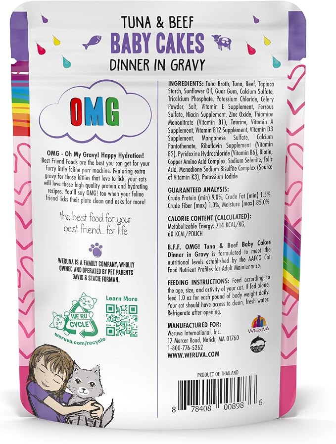 Weruva B.F.OMG - Best Feline Friend Oh My Gravy!, Tuna & Beef Baby Cakes with Tuna & Beef in Gravy Cat Food, 3oz Pouch (Pack of 12), Purple (0152)