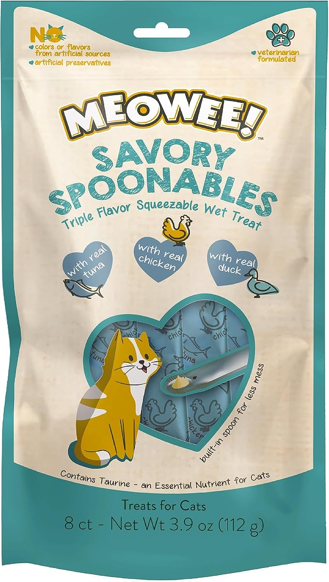 Savory Spoonables with Real Tuna, Chicken and Duck for Cats, 8 Count, Treat Your Cat to Triple Flavor Squeezable Lickable Wet Treats with Built-in Spoon for Less Mess