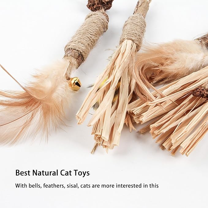 Cat Feather Toys Refills Cat Wand Replacement 6Pcs,Cat Teaser Wand Refills with Feather and Silvervine Sticks for Indoor Cat Chew Toy,Interactive Cat Wand Toy Refills