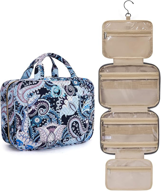 BAGSMART Toiletry Bag Travel Bag with Hanging Hook, Water-resistant Makeup Cosmetic Bag Travel Organizer for Accessories, Shampoo, Full Sized Container, Toiletries (Blue Paisley, Large)