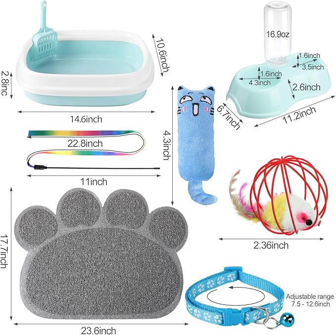 7 Pcs Small Cat Kitten Starter Kit Cat Litter Box with Shovel Cat Paw Litter Mat Double Automatic Cat Bowls Cat Toy Teaser Stick Cat Collar Essentials Kits for 1-3 Lbs Beginner (Fresh Blue,Stylish)
