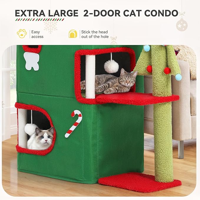 YITAHOME Christmas 2 Storey Cat House for Indoor Cats Bed, Covered Cat Beds & Furniture with Highway Cave, Scratch & Itching Post, Christmas Modern Cat Condo Furniture for Multi Small Cats