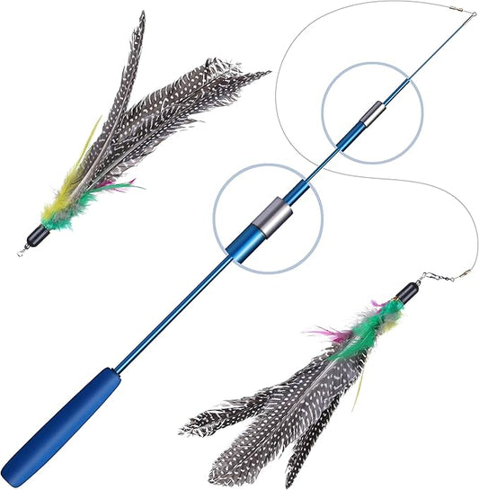 Cat Toys, Feather Wand for Indoor Kitten, 2 Pcs Wild Refill on Retractable Fishing Pole, Interactive Stick Teaser to Exercise - Blue