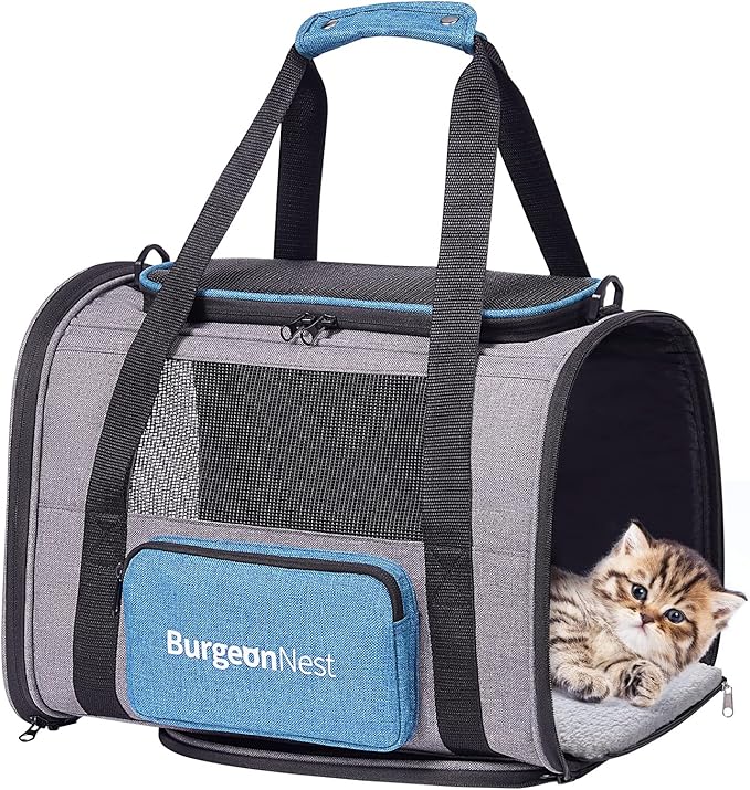 BurgeonNest Cat Carriers for Small Cats Under 15, Small Pet Carrier with Unique Side Bag,Top Load Little Animal Purse Soft-Sided Escape Proof with 4 Ventilated Windows