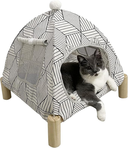 Pozico 2 in 1 Cat Bed Tent Wooden Frame Cat Teepee Cat Hammock, Quick Assembly and Disassembly, Portable Indoor/Outdoor Pet Dog Tent House for Cats Puppies Small Animals:White Diamond Tent