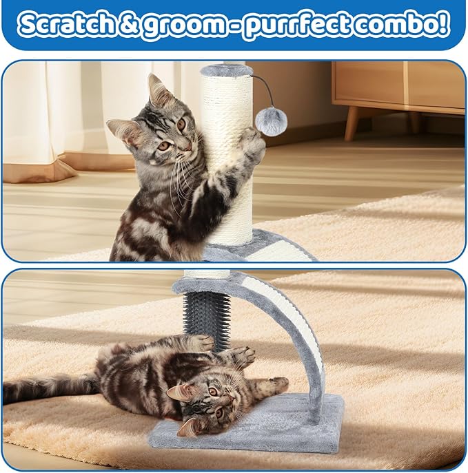 Tall Cat Scratching Post with Groomer, 19.6" Scratching Post with Wood Frame, Stable Sisal Cat Post with Extra Interactive Dangling Plush Toy,Protect Furniture