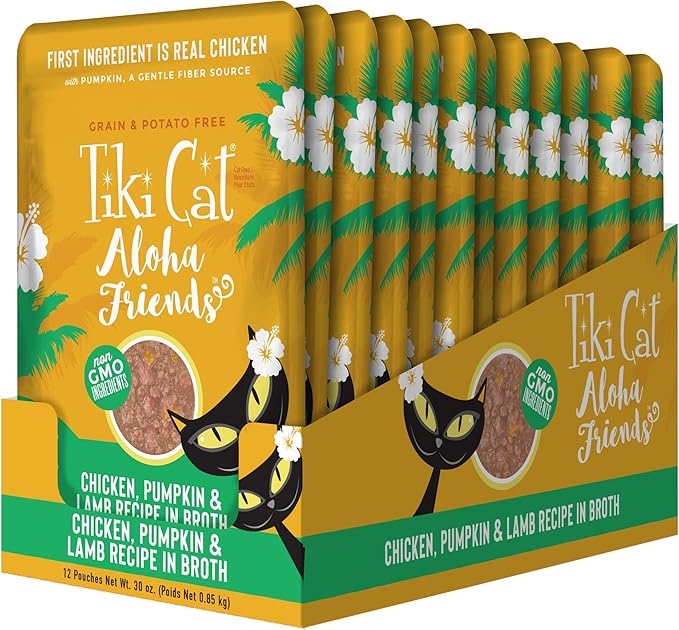 Tiki Cat Aloha Friends, Chicken, Pumpkin & Lamb, Grain-Free & High Moisture, Wet Cat Food for All Life Stages 2.5 oz. Pouch (Pack of 12)