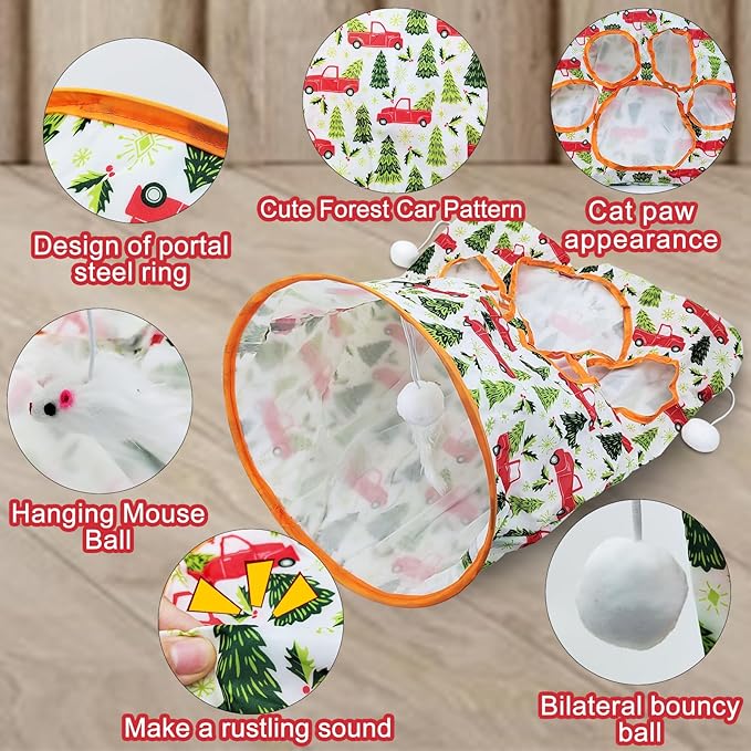 Andiker Cat Tunnel Bags for Indoor Cats, 13x17x12In Foldable Cat Crinkle Bag with 3 White Plush Balls and 1 Mouse 5 Holes for Kitten to Hide and Catch 3 Layers Cat Toy (Forest)