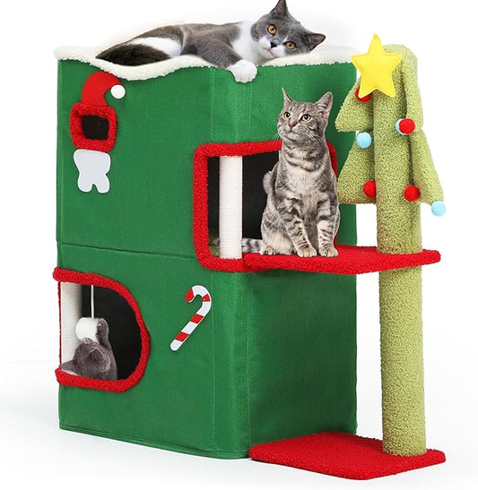 YITAHOME Christmas 2-Tier Cat House, Indoor Cat Cave Bed Playhouse, Covered Cat Beds & Furniture with Scratch Pad and Hideaway Cave,Christmas Cute Modern Cat Condo Furniture for Multi Small Cats